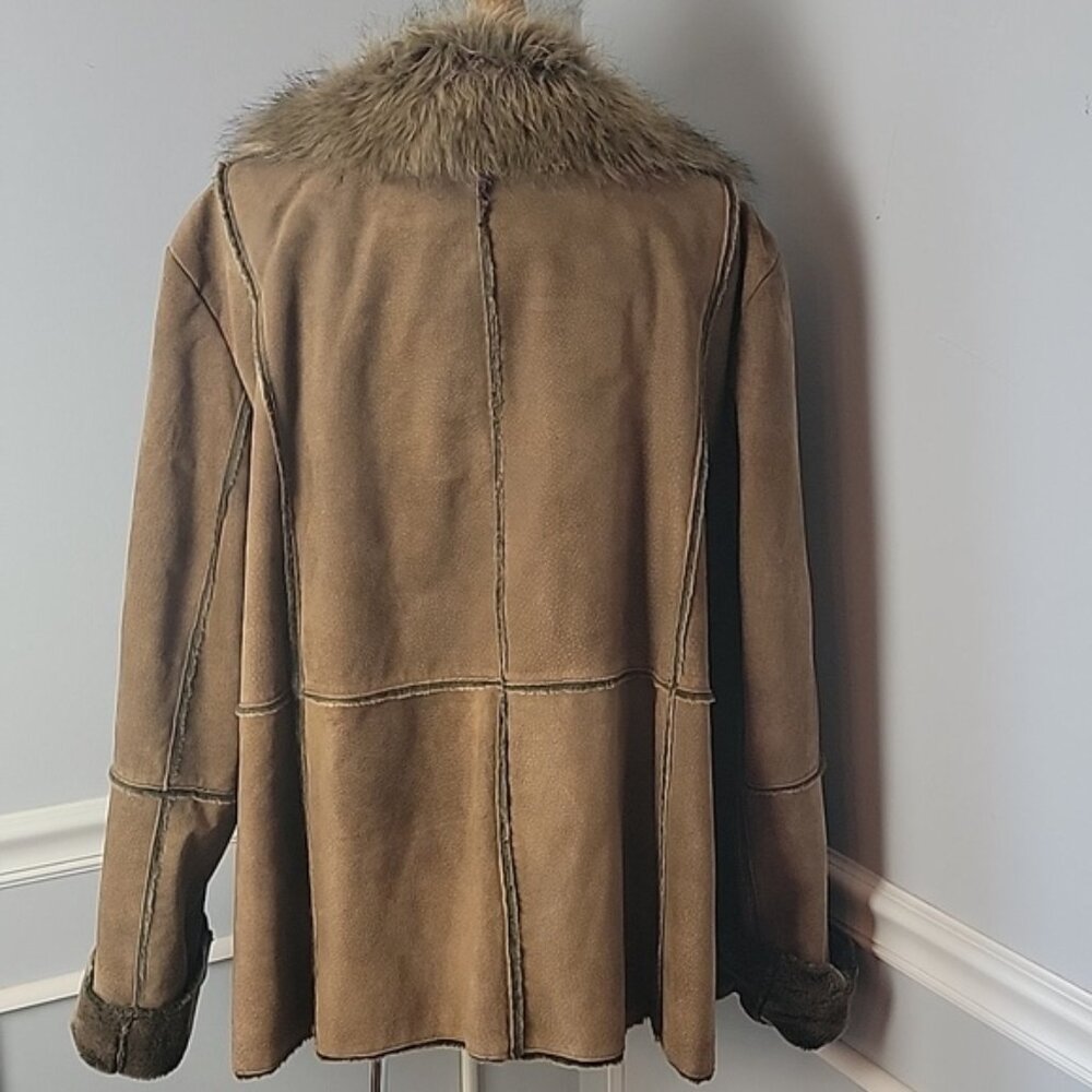 VENEZIA JEANS VTG Brown Suede Exposed Seam Faux Fur Lapel Collar Jacket Coat - Picture 3 of 11